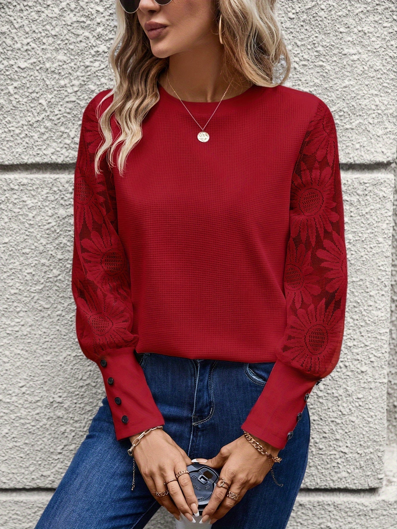 Bloemige kanten elegante T-shirt met ronde hals afbeelding 13