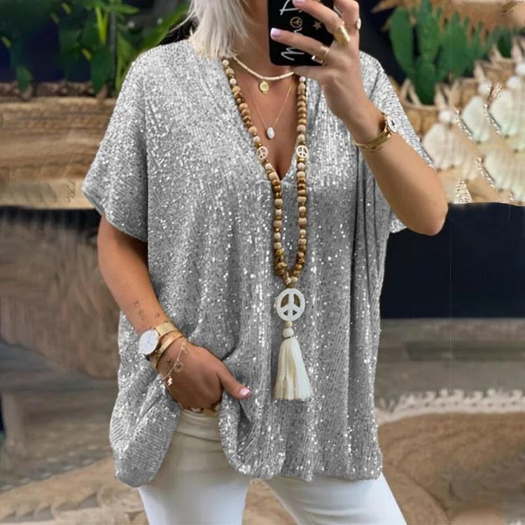 Glamoureus Pailletten V-hals T-shirt - Aida