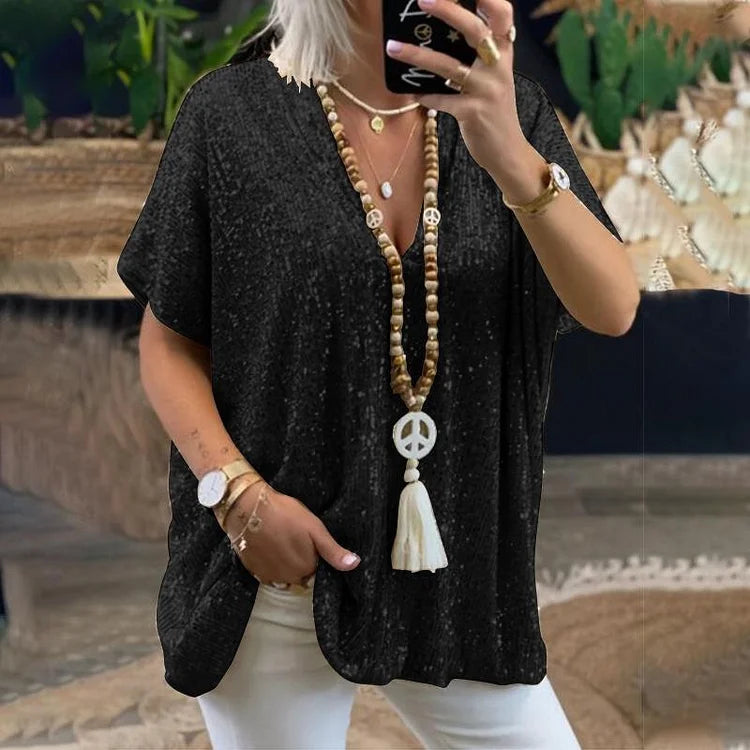 Glamoureus Pailletten V-hals T-shirt - Aida