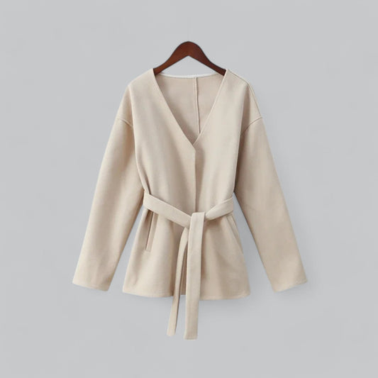 Lara | Chique midi jas met ceintuur en V-hals