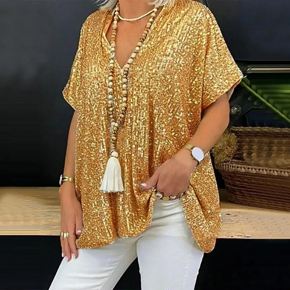Glamoureus Pailletten V-hals T-shirt - Aida