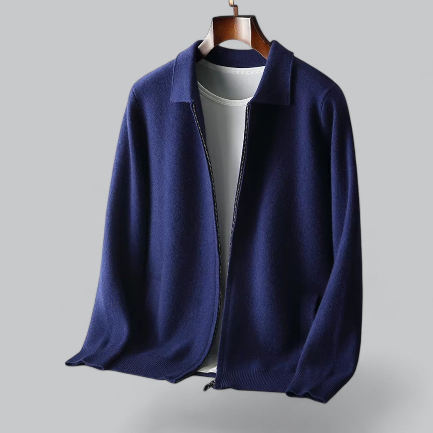 Sven | Heren cashmere ritsjack met merino wollen kraag