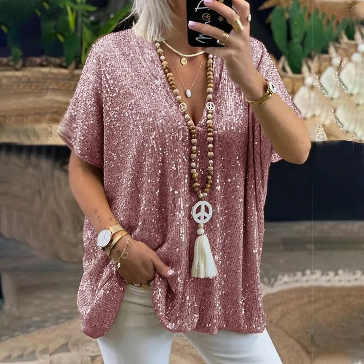 Glamoureus Pailletten V-hals T-shirt - Aida