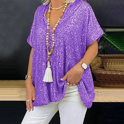 Glamoureus Pailletten V-hals T-shirt - Aida