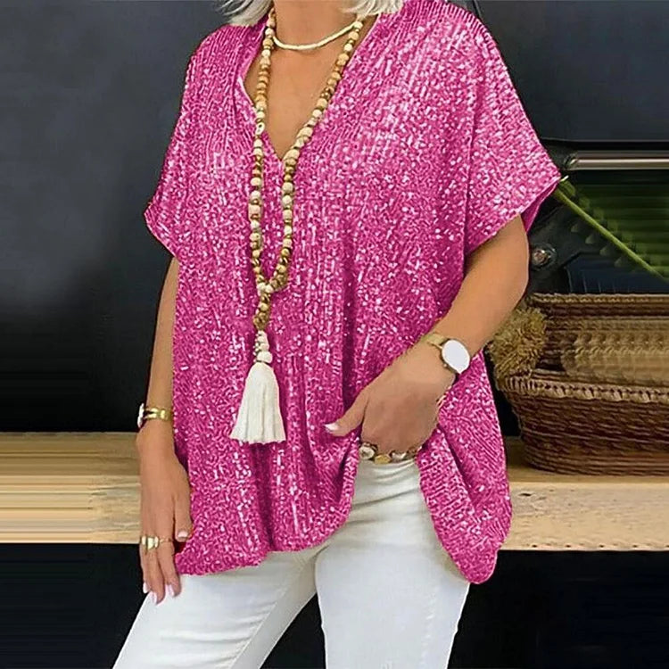 Glamoureus Pailletten V-hals T-shirt - Aida