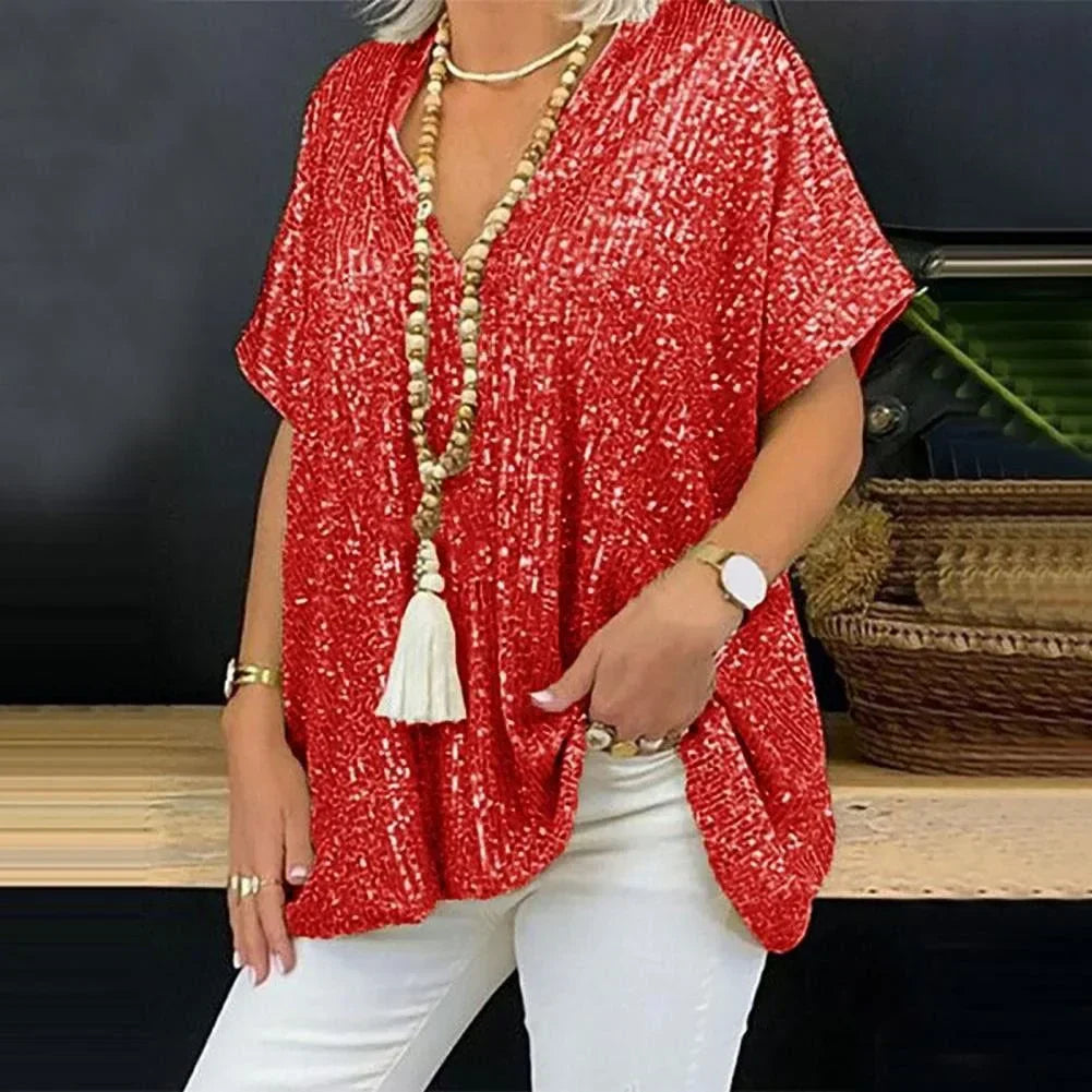 Glamoureus Pailletten V-hals T-shirt - Aida