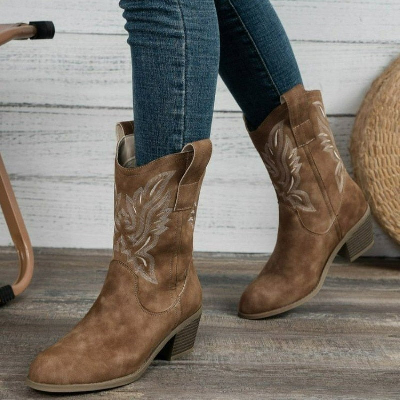 Lotte | Bruine cowboylaarzen met borduurwerk