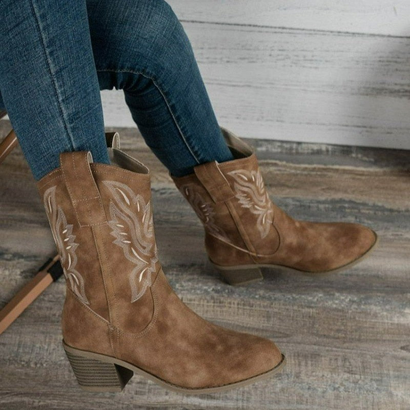 Lotte | Bruine cowboylaarzen met borduurwerk